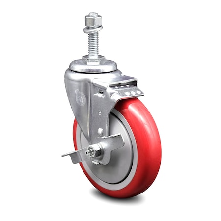 Service Caster 5 Inch Red Polyurethane Wheel Swivel 10mm Threaded Stem Caster with Brake SCC-TS20S514-PPUB-RED-TLB-M1015